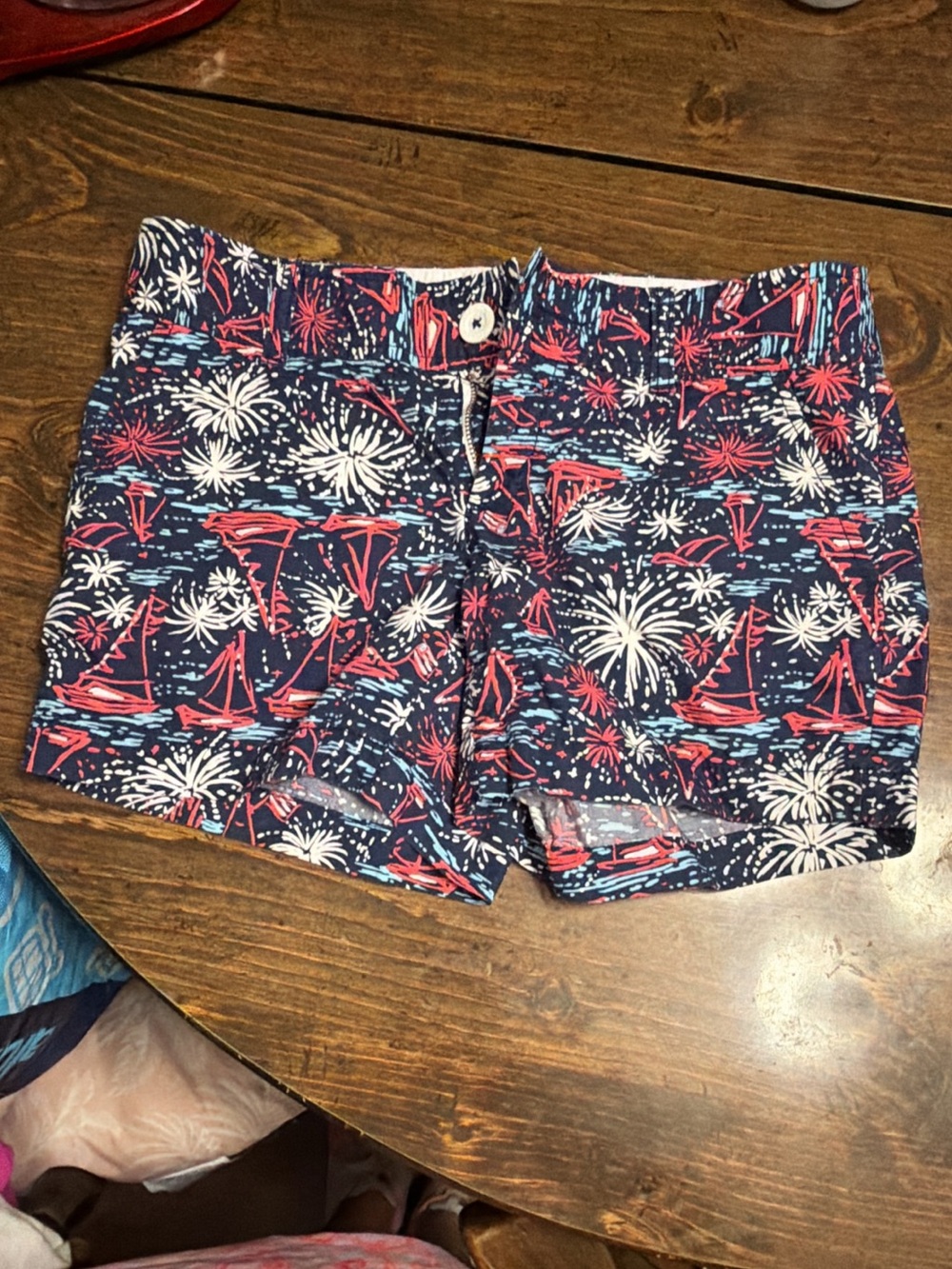 Lilly Pulitzer Navy Shorts with Red and White Sailboat & Firework Print